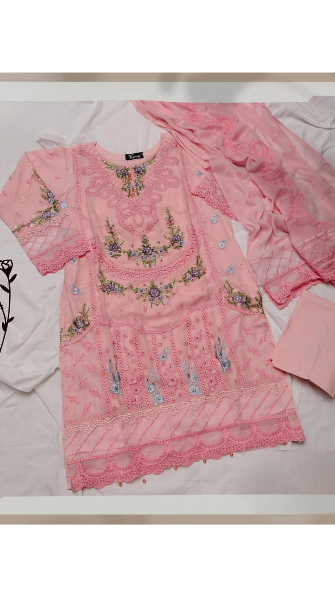 Elegant Pink, Blue Embroidered Suit